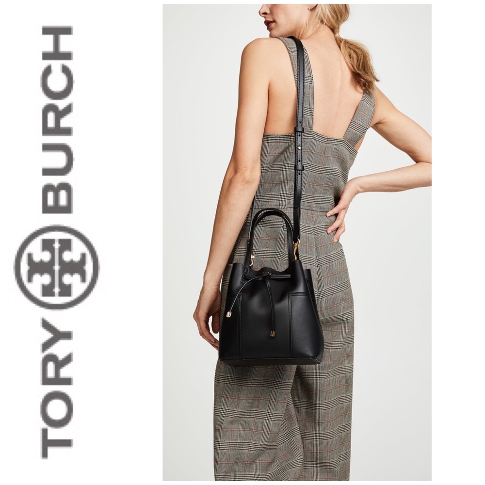 Tory Burch Black Block T Small Bucket Bag EUC - Picture 1 of 14